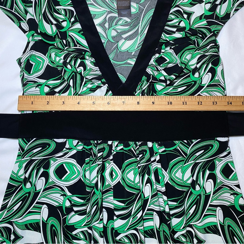 Vintage 00s Y2K Green and Black Abstract Patterned Midi Dress with Tie Back - Picture 6 of 7